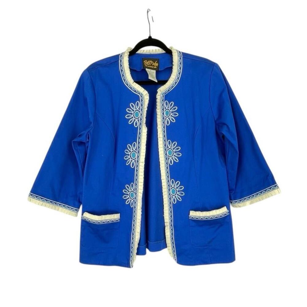 Bob Mackie Wearable Art Womens Blue‎ Embroidered Floral Open Front Jacket Medium